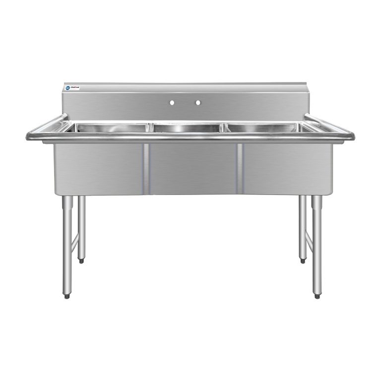ChefAsst 61″ CA-S3C181812-316 16-Gauge Stainless Steel Three Compartment Commercial Sink with Stainless Steel Legs, Cross Bracing, and without Drainboards – 18″ x 18″ x 12″ Bowls
