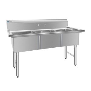ChefAsst 61″ CA-S3C181812-316 16-Gauge Stainless Steel Three Compartment Commercial Sink with Stainless Steel Legs, Cross Bracing, and without Drainboards – 18″ x 18″ x 12″ Bowls