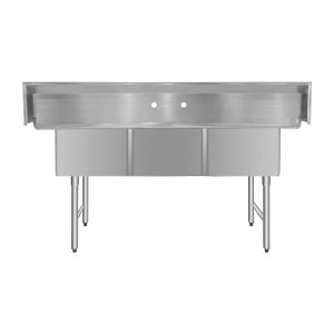 ChefAsst 61″ CA-S3C181812-316 16-Gauge Stainless Steel Three Compartment Commercial Sink with Stainless Steel Legs, Cross Bracing, and without Drainboards – 18″ x 18″ x 12″ Bowls