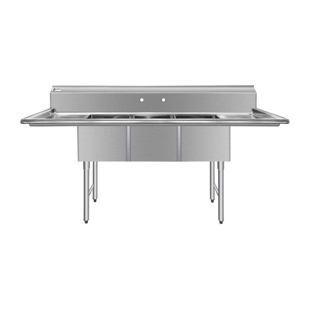 ChefAsst 75″ CA-S3C151512-15LR-316 16-Gauge Stainless Steel Three Compartment Commercial Sink with Stainless Steel Legs, and Two 15″ Drainboards – 15″ x 15″ x 12″ Bowl