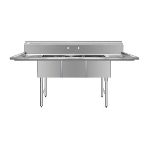 ChefAsst 75″ CA-S3C151512-15LR-316 16-Gauge Stainless Steel Three Compartment Commercial Sink with Stainless Steel Legs, and Two 15″ Drainboards – 15″ x 15″ x 12″ Bowl