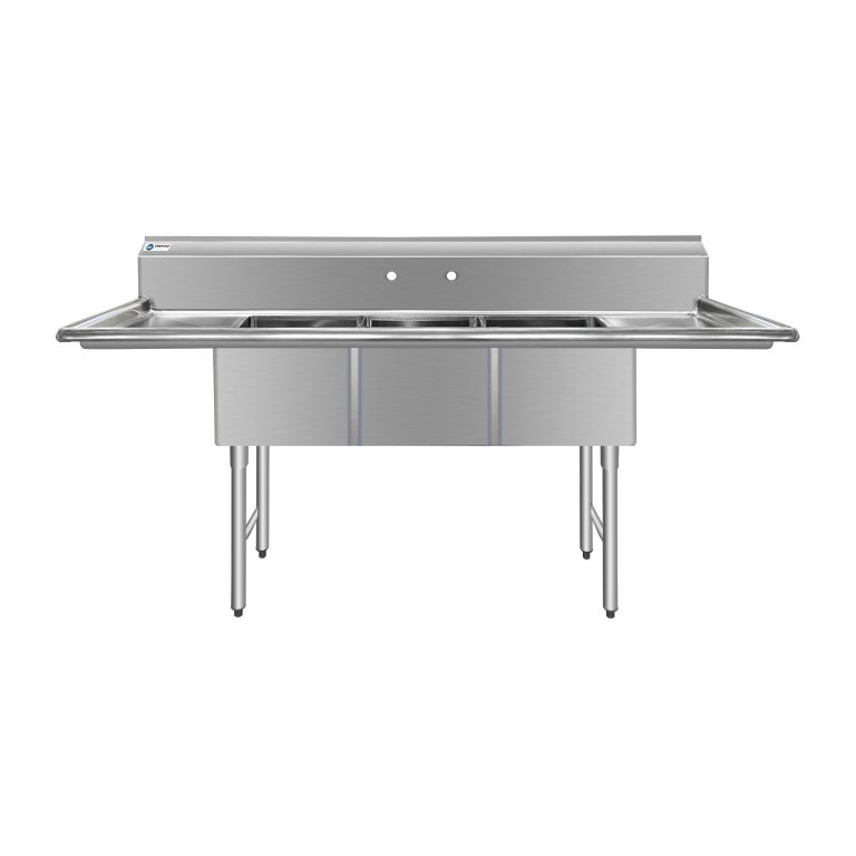 ChefAsst 75″ CA-S3C151512-15LR-316 16-Gauge Stainless Steel Three Compartment Commercial Sink with Stainless Steel Legs, and Two 15″ Drainboards – 15″ x 15″ x 12″ Bowl