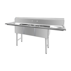 ChefAsst 75″ CA-S3C151512-15LR-316 16-Gauge Stainless Steel Three Compartment Commercial Sink with Stainless Steel Legs, and Two 15″ Drainboards – 15″ x 15″ x 12″ Bowl