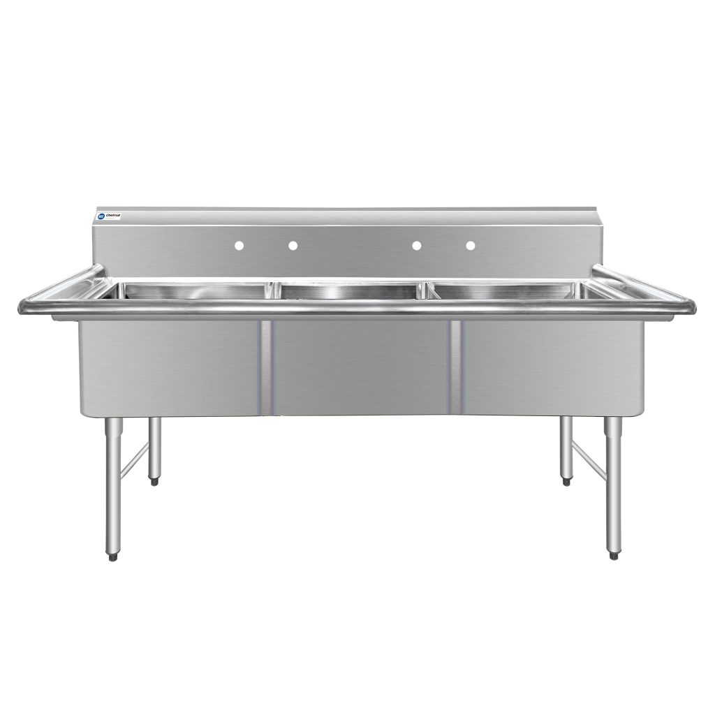 ChefAsst 78″ CA-S3C242412-316 16-Gauge Stainless Steel Three Compartment Commercial Sink with Stainless Steel Legs, and without Drainboards – 24″ x 24″ x 12″ Bowls
