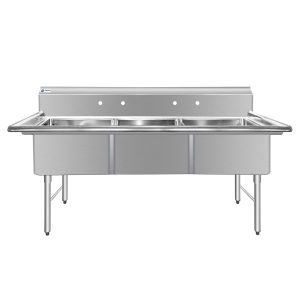 ChefAsst 78″ CA-S3C242412-316 16-Gauge Stainless Steel Three Compartment Commercial Sink with Stainless Steel Legs, and without Drainboards – 24″ x 24″ x 12″ Bowls
