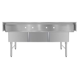 ChefAsst 78″ CA-S3C242412-316 16-Gauge Stainless Steel Three Compartment Commercial Sink with Stainless Steel Legs, and without Drainboards – 24″ x 24″ x 12″ Bowls