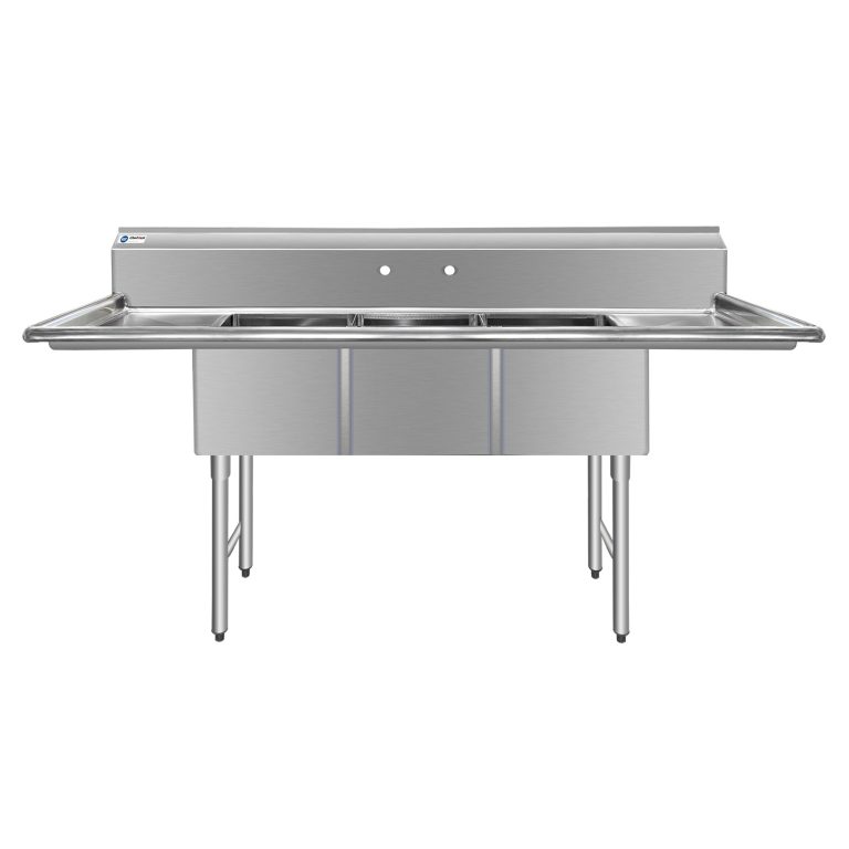 ChefAsst 91″ CA-S3C181812-18LR-316 16-Gauge Stainless Steel Three Compartment Commercial Sink with Stainless Steel Legs, Cross Bracing, and Two 18″ Drainboards – 18″ x 18″ x 12″ Bowl
