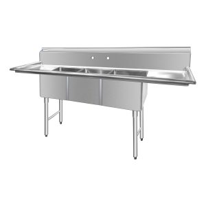 ChefAsst 91″ CA-S3C181812-18LR-316 16-Gauge Stainless Steel Three Compartment Commercial Sink with Stainless Steel Legs, Cross Bracing, and Two 18″ Drainboards – 18″ x 18″ x 12″ Bowl