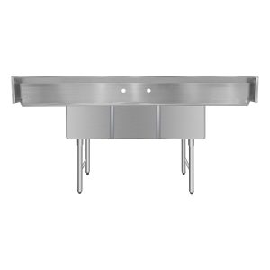 ChefAsst 91″ CA-S3C181812-18LR-316 16-Gauge Stainless Steel Three Compartment Commercial Sink with Stainless Steel Legs, Cross Bracing, and Two 18″ Drainboards – 18″ x 18″ x 12″ Bowl