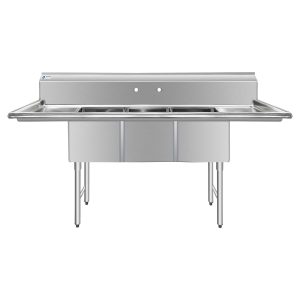 ChefAsst 91″ CA-S3C181814-18LR-316 16-Gauge Stainless Steel Three Compartment Commercial Sink with Stainless Steel Legs, Cross Bracing, and Two 18″ Drainboards – 18″ x 18″ x 14″ Bowl