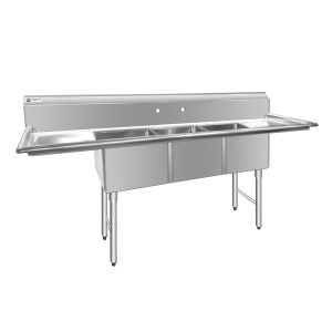 ChefAsst 91″ CA-S3C181814-18LR-316 16-Gauge Stainless Steel Three Compartment Commercial Sink with Stainless Steel Legs, Cross Bracing, and Two 18″ Drainboards – 18″ x 18″ x 14″ Bowl