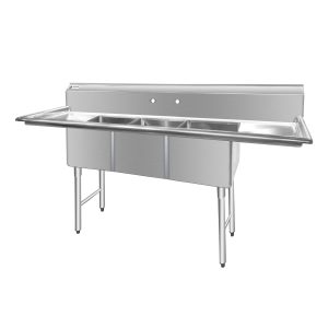 ChefAsst 91″ CA-S3C181814-18LR-316 16-Gauge Stainless Steel Three Compartment Commercial Sink with Stainless Steel Legs, Cross Bracing, and Two 18″ Drainboards – 18″ x 18″ x 14″ Bowl