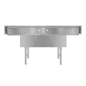 ChefAsst 91″ CA-S3C181814-18LR-316 16-Gauge Stainless Steel Three Compartment Commercial Sink with Stainless Steel Legs, Cross Bracing, and Two 18″ Drainboards – 18″ x 18″ x 14″ Bowl