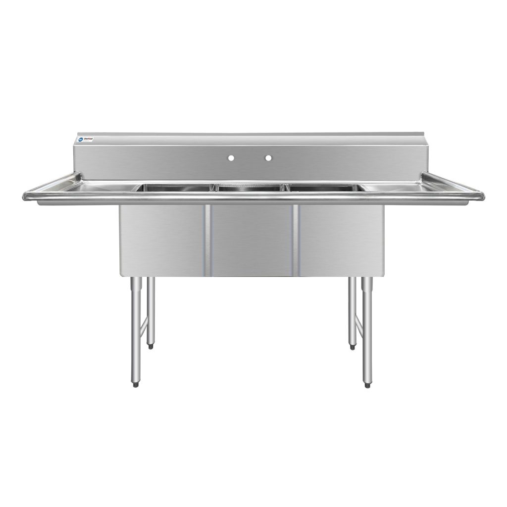 ChefAsst 91″ CA-S3C182414-18LR-316 16-Gauge Stainless Steel Three Compartment Commercial Sink with Stainless Steel Legs, Cross Bracing, and Two 18″ Drainboards – 18″ x 24″ x 14″ Bowl
