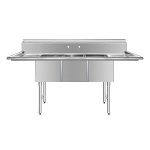 ChefAsst 91″ CA-S3C182414-18LR-316 16-Gauge Stainless Steel Three Compartment Commercial Sink with Stainless Steel Legs, Cross Bracing, and Two 18″ Drainboards – 18″ x 24″ x 14″ Bowl