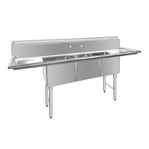 ChefAsst 91″ CA-S3C182414-18LR-316 16-Gauge Stainless Steel Three Compartment Commercial Sink with Stainless Steel Legs, Cross Bracing, and Two 18″ Drainboards – 18″ x 24″ x 14″ Bowl