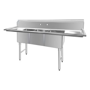 ChefAsst 91″ CA-S3C182414-18LR-316 16-Gauge Stainless Steel Three Compartment Commercial Sink with Stainless Steel Legs, Cross Bracing, and Two 18″ Drainboards – 18″ x 24″ x 14″ Bowl