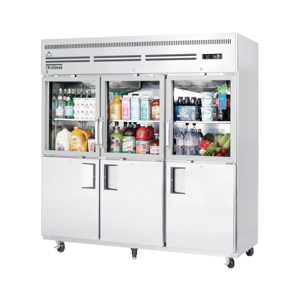 Everest EGSH6 74 3/4″ Stainless Steel Reach-In Refrigerator, 3 Glass & 3 Solid Half Doors, Top Mount