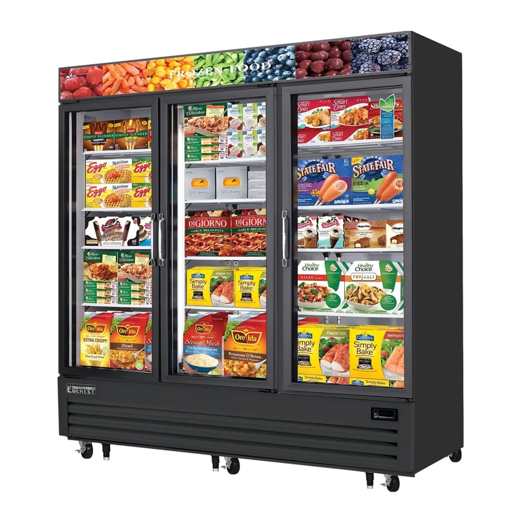 Everest EMGF69B 74 3/4″ Black 69 cu. ft Merchandiser Freezer, 3 Glass Doors