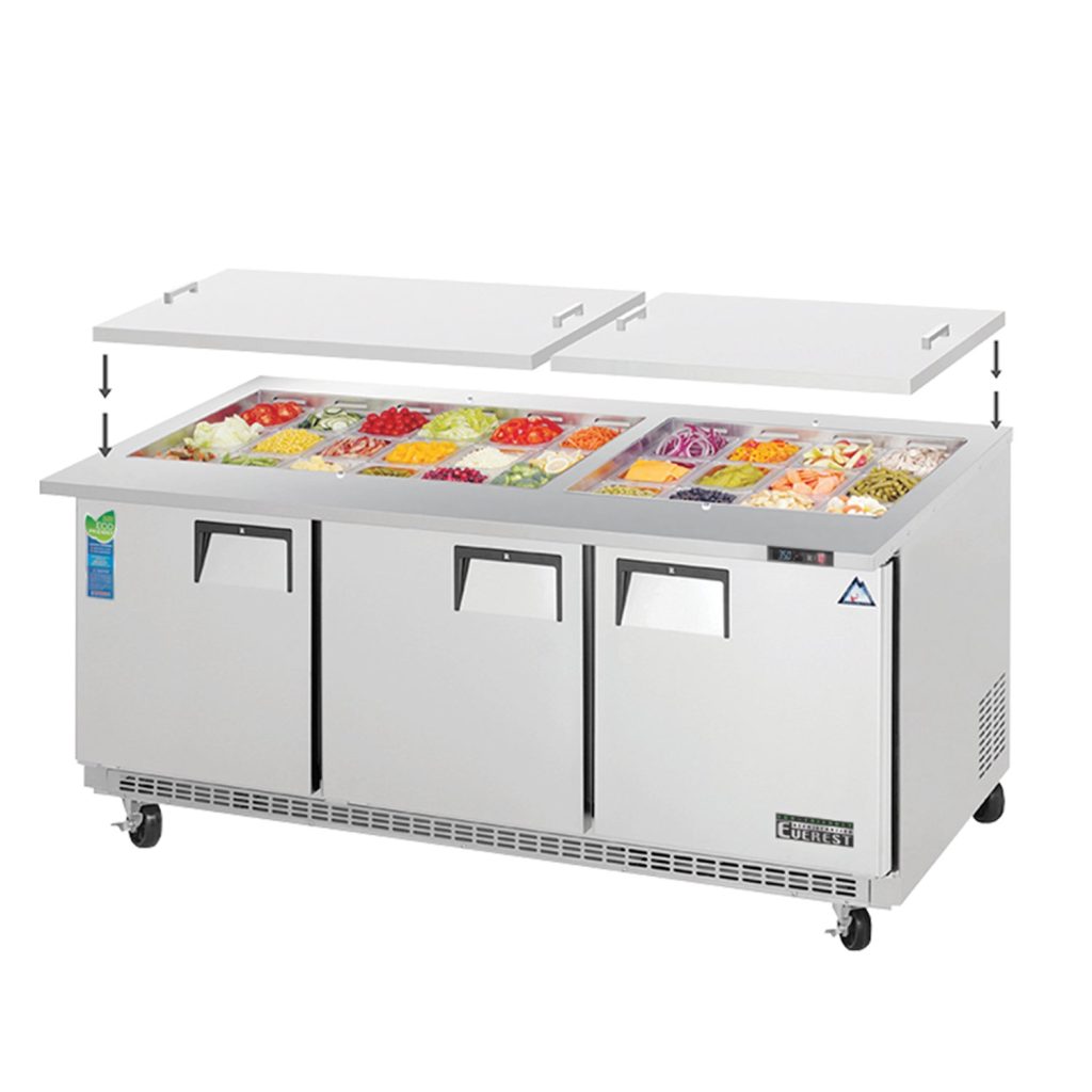 Everest EOTP3 71 1/8″ Stainless Steel Open Top Prep Refrigerator, 3 Solid Doors