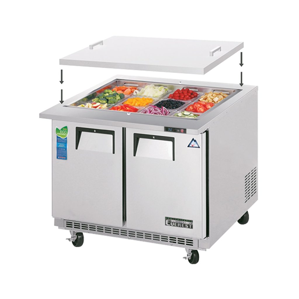 Everest EOTPS2 35 5/8″ Stainless Steel Open Top Prep Refrigerator, 2 Solid Doors