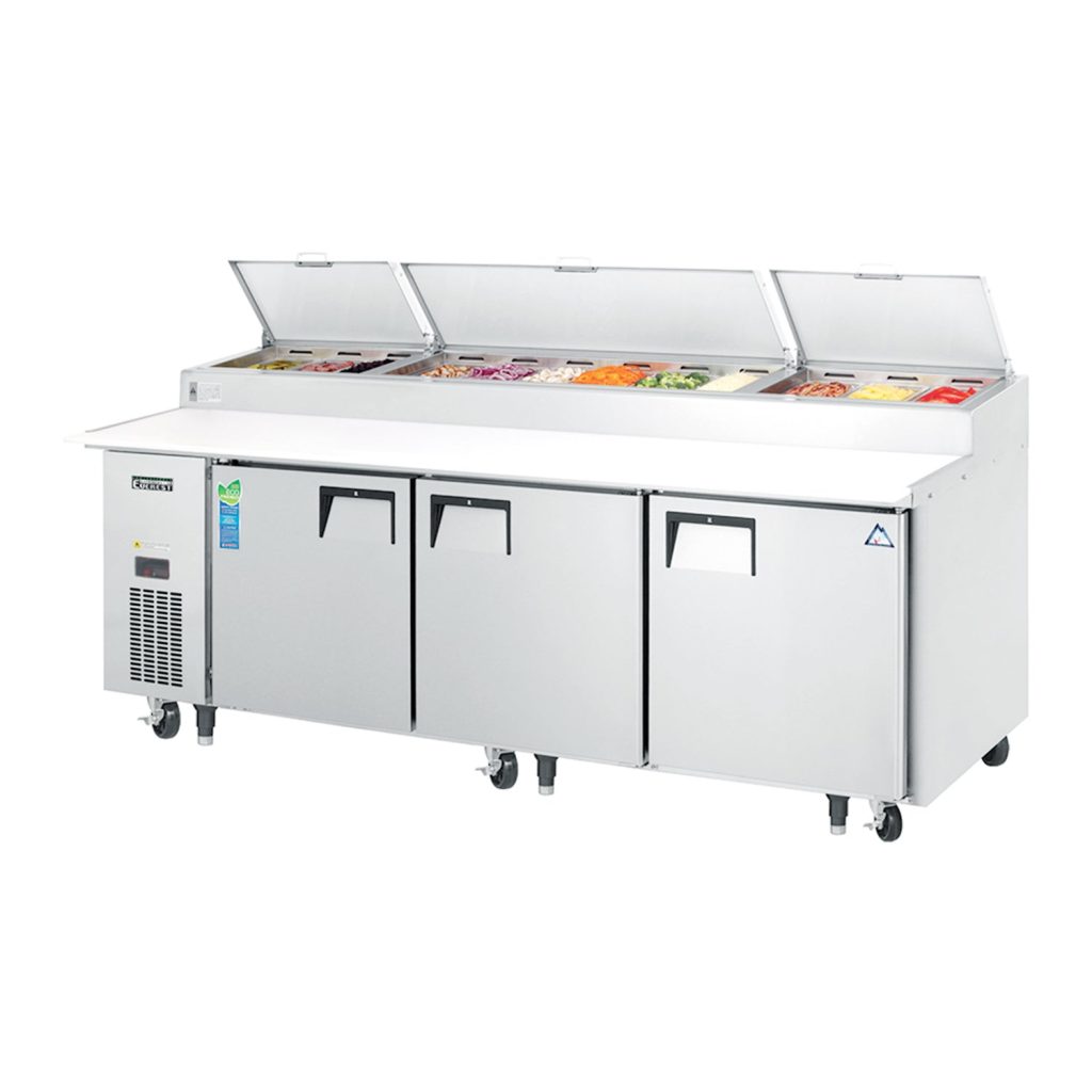 Everest EPPR3 93 1/8″ Stainless Steel Pizza Prep Table Refrigerator, 3 Solid Doors