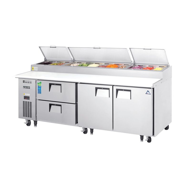 Everest EPPR3-D2 93 1/8" Acero Inoxidable Refrigerador de Mesa de Preparación de Pizza, 2 Cajones y 2 Puertas Solidas