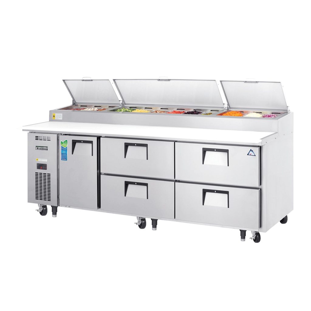 Everest EPPR3-D4 93 1/8″ Stainless Steel Pizza Prep Table Refrigerator, 1 Solid Door & 4 Drawers