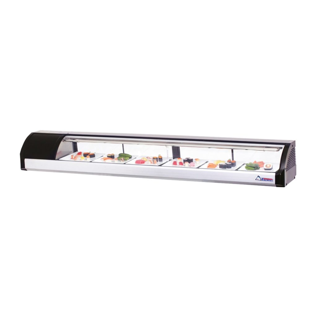 Everest ESC83L 82 5/8″ Black Refrigerated Curved Glass Sushi Display Case, Left Mounted, 4 Doors – 6 Pan Capacity
