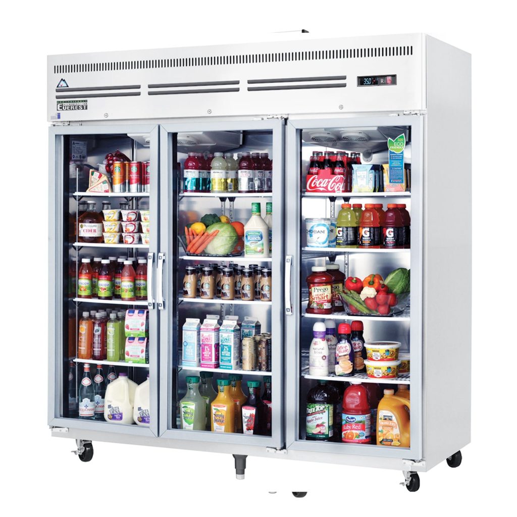 Everest ESGR3A 74 3/4″ Stainless Steel 71 cu. ft Reach-In Refrigerator, 3 Glass Full Doors, Top Mount
