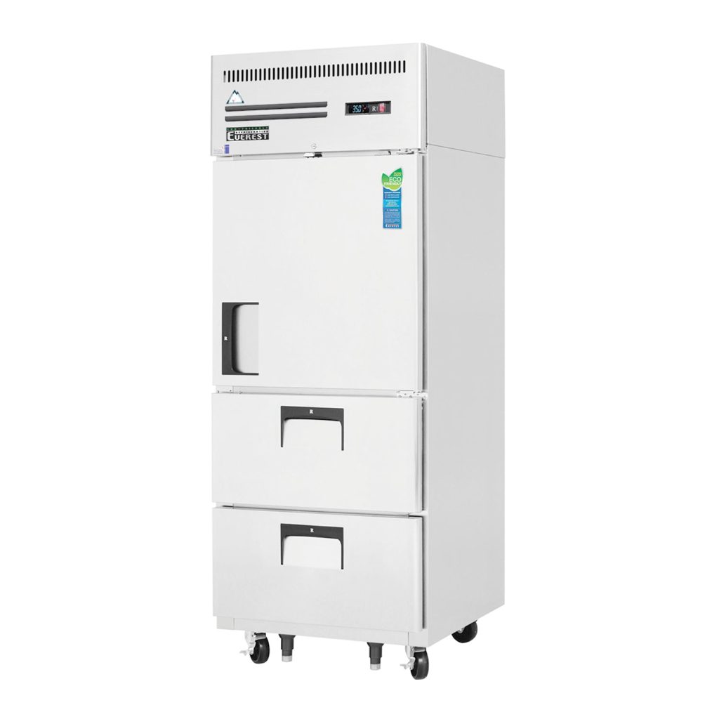 Everest ESR1D2 29 1/4″ Stainless Steel Reach-In Refrigerator, 1 Solid Half Door and 2 Drawers, Top Mount
