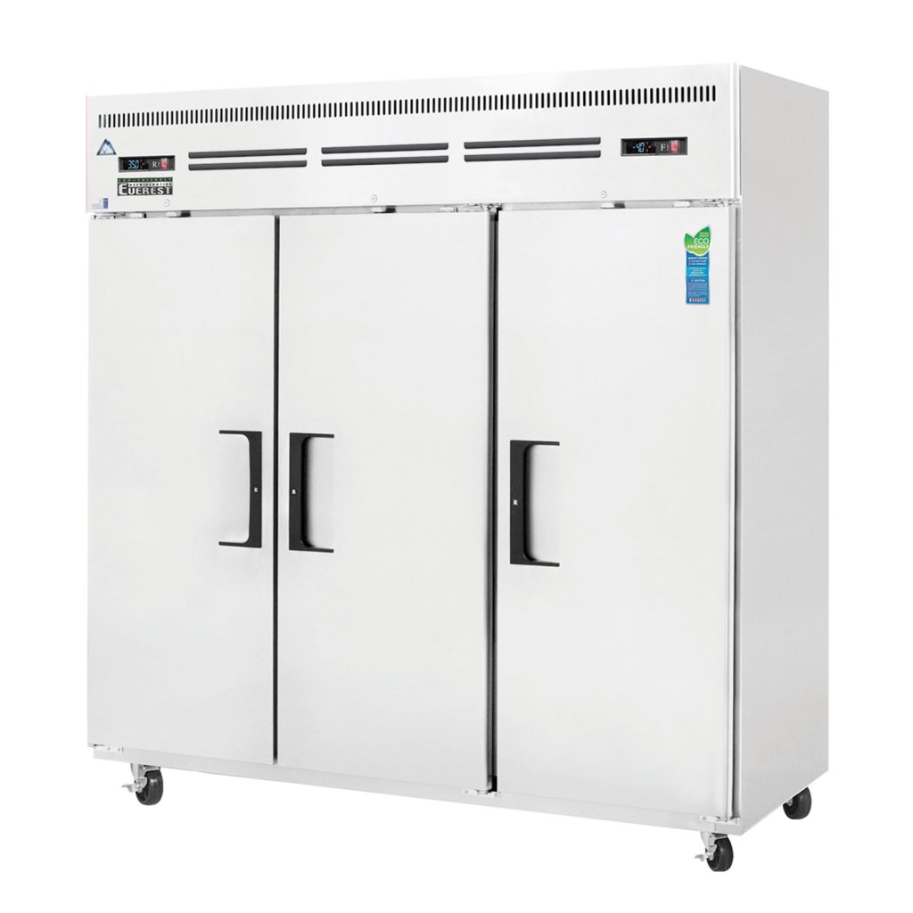 Everest ESRF3 74 3/4″ Stainless Steel Reach-In Refrigerator/Freezer Combo, 3 Solid Full Doors, Top Mount