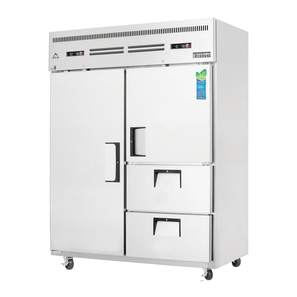 Everest ESWQ2D2 59″ Stainless Steel Reach-In Refrigerator/Freezer Combo, 1 Full / 1 Solid Half Door & 2 Drawers, Top Mount