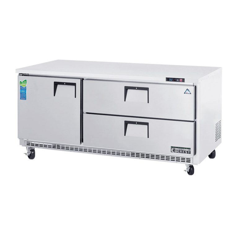 Everest ETBR3-D2 71 1/8" Acero Inoxidable 22 pies cúb. Refrigerador Subfrente, 1 Puerta Fija & 2 Cajas de Almacenamiento