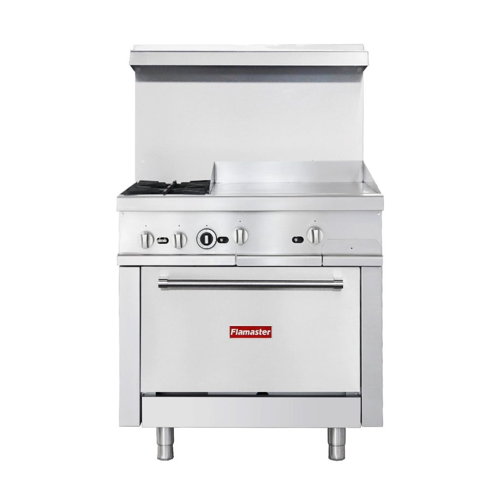 Flamaster FLM-R36-24MG 36” NG/LPG Commercial Gas Range, 2 Open Burners & 24” Griddle, Standard Oven, 153,000 BTU