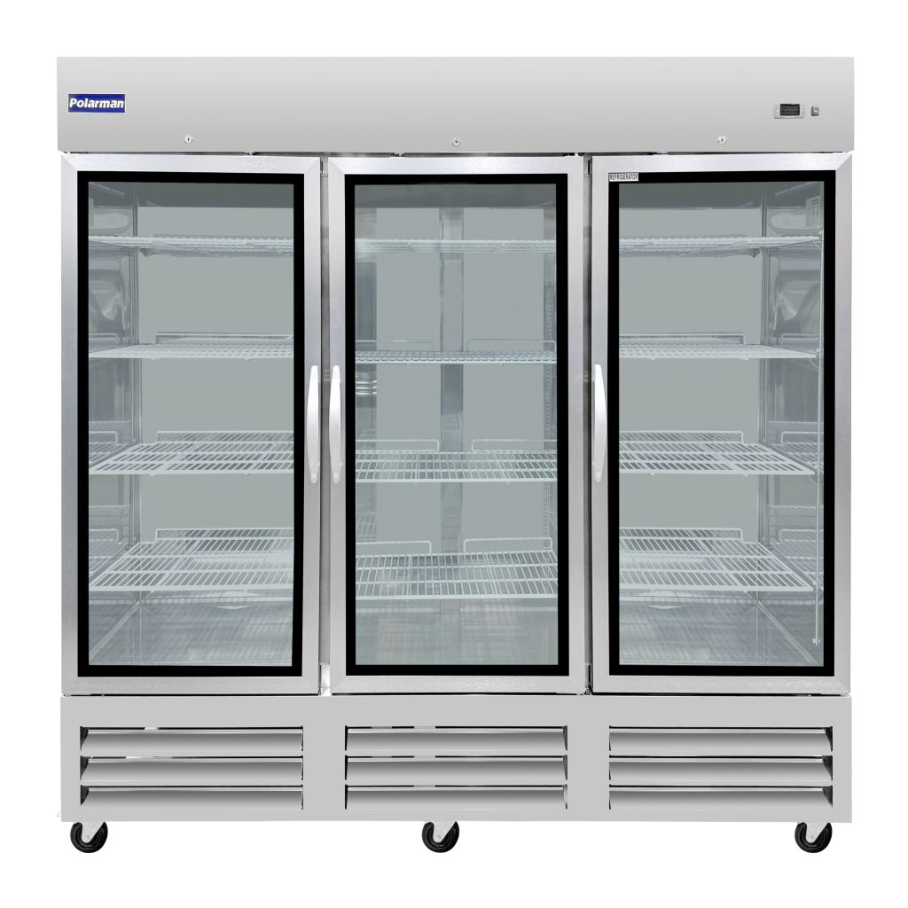 Polarman PLM-81RGS 81″ Reach-In Refrigerator with Triple Glass Doors with LED Lighting, Bottom Mount, Stainless Steel, 72 cu. ft.