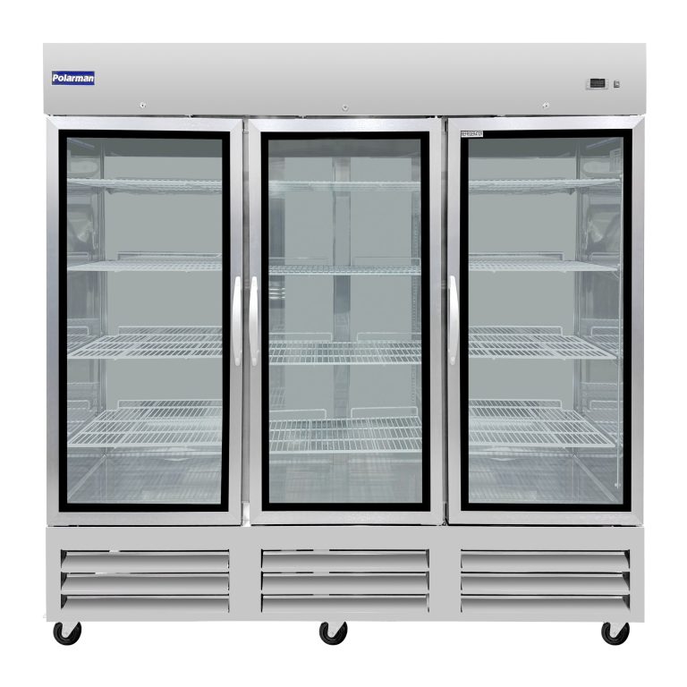 Polarman PLM-81RGS 81″ Reach-In Refrigerator with Triple Glass Doors with LED Lighting, Bottom Mount, Stainless Steel, 72 cu. ft.
