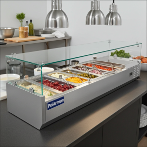 Polarman PLM-PDX-60G 59″ Countertop Refrigerated Topping Rail with Sneeze Guard