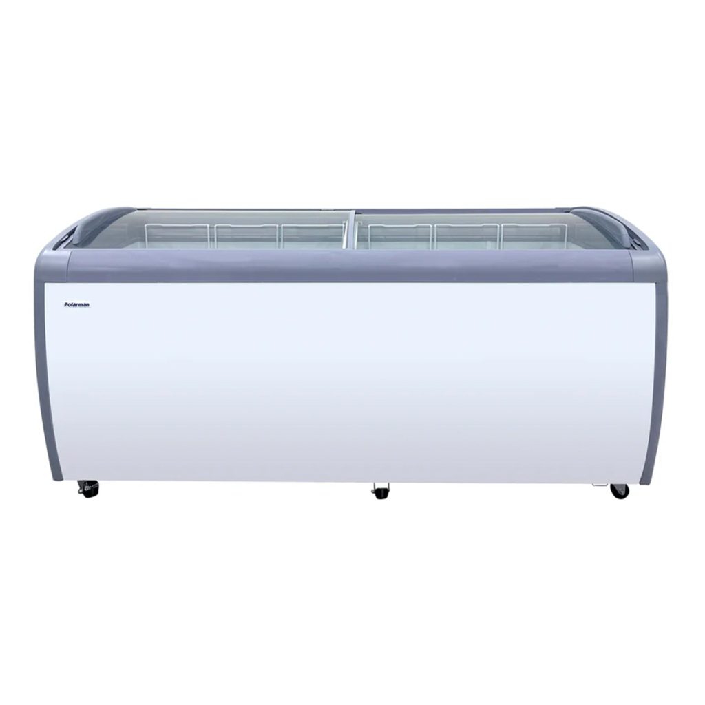 Polarman PLM-S560 70 7/8″ Mobile Ice Cream Display Freezer, Curved Sliding Lid with 6 Baskets, 20 cu. ft.