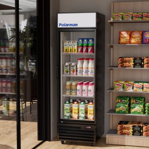 Polarman PLM-SGD24R 23 9/10″ Black Refrigerated Swing Glass Door Merchandiser with LED Lighting, 14.3 cu.ft（SS-P430WA）
