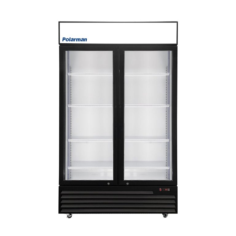 Polarman PLM-SGD44R 44 1/2″ Black Refrigerated Double Swing Glass Door Merchandiser with LED Lighting, 31 cu.ft（SS-P1000WB-A）