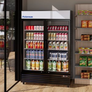 Polarman PLM-SGD52R 52 2/5″ Black Refrigerated Double Swing Glass Door Merchandiser with LED Lighting, 43 cu.ft（SS-P1400WA-A）