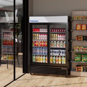 Polarman PLM-SGD52R-S 52 2/5″ Black Refrigerated Double Sliding Glass Door Merchandiser with LED Lighting, 43 cu.ft（SS-P1400WA-B）