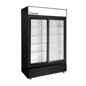 Polarman PLM-SGD52R-S 52 2/5″ Black Refrigerated Double Sliding Glass Door Merchandiser with LED Lighting, 43 cu.ft（SS-P1400WA-B）