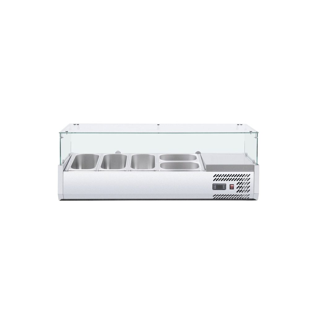 Polarman RT-1200L-2 47 1/5″ Countertop Refrigerated Sushi Display Case with 4-Side Glass, (3) 1/4 + (2) 1/3 Size Pans