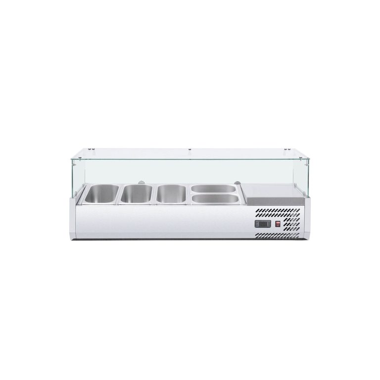 Polarman RT-1200L-2 47 1/5" Caseta de exhibición de sushi refrigerada de mostrador con vidrio en 4 lados, (3) de 1/4 + (2) de 1/3 tamaños de sartenes