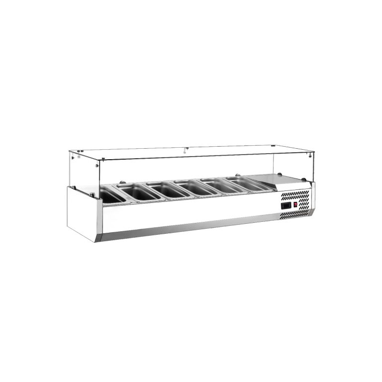Polarman RT-1500L-2 59 1/10" Caseta de exhibición de sushi refrigerada de mostrador con vidrio en 4 lados, (6) sartenes de tamaño 1/3