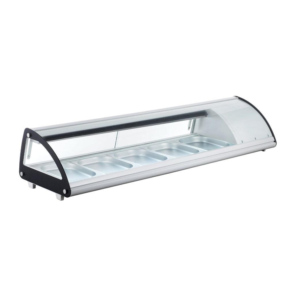 Polarman RTS-103L 69 1/10″ Countertop Refrigerated Sushi Display Case with Sliding Door, (5) 1/2 Size Pans, White