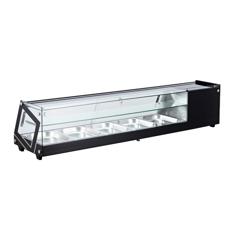 Polarman RTS-104L 69 1/10" Caseta Refrigerada de Contador para Sushi con Puerta Corredera, (5) Tachos de la mitad de tamaño, Negro