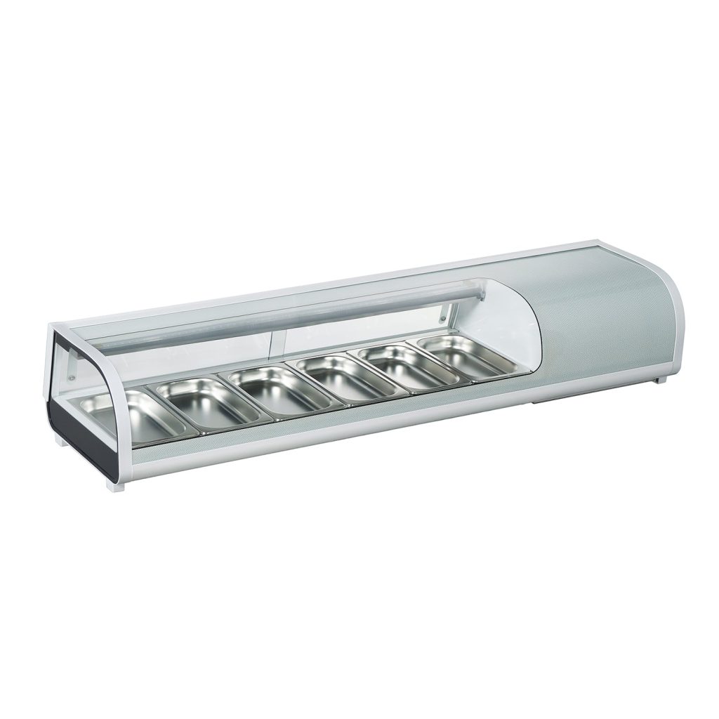 Polarman RTS-62L 60 1/5″ Countertop Refrigerated Sushi Display Case with Sliding Door, (6) 1/3 Size Pans, White